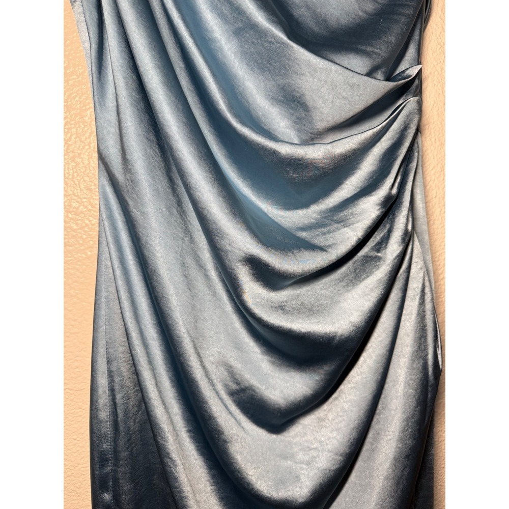 ELLIATT Reception Dress Dusty Blue One Shoulder Satin Ruched Midi Size L‎ - Picture 7 of 16